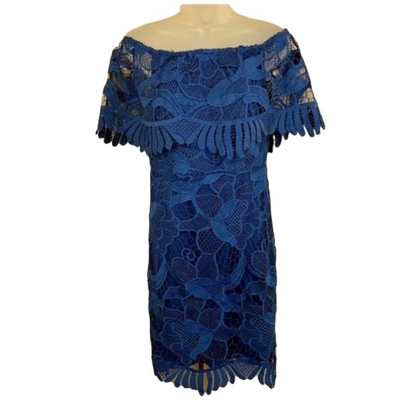 Celavie Special Occasion Lace Midi Dress SZ M Blue Crocheted Floral Boho Elegant - Picture 3 of 8